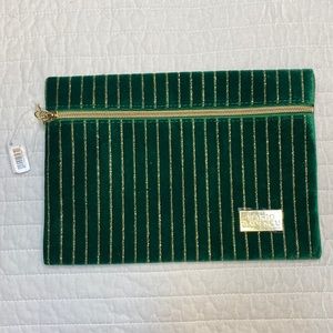 Mario Badescu Makeup Bag Green Velveteen with Metallic Gold Stripes NWT